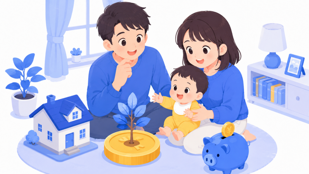 子育てをしながら将来の資産形成をイメージしたほっこりしたイラスト