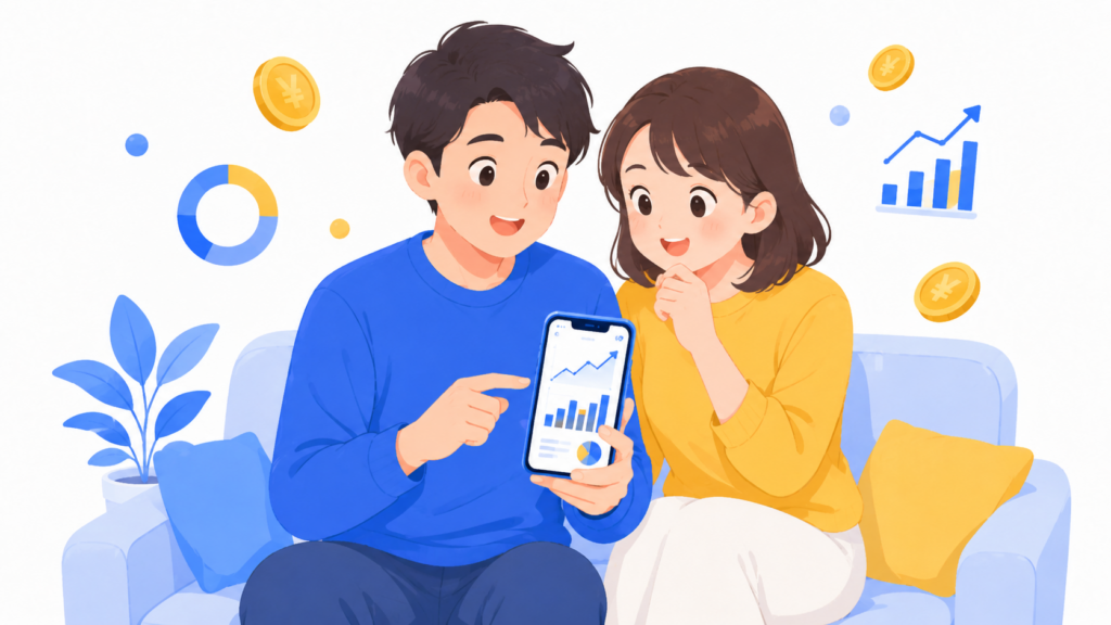 30代の夫婦がスマホで資産運用を確認している様子のイメージ写真