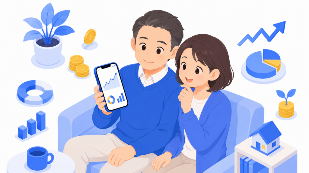 40代の夫婦がスマホでNISA口座を確認しているイメージ写真