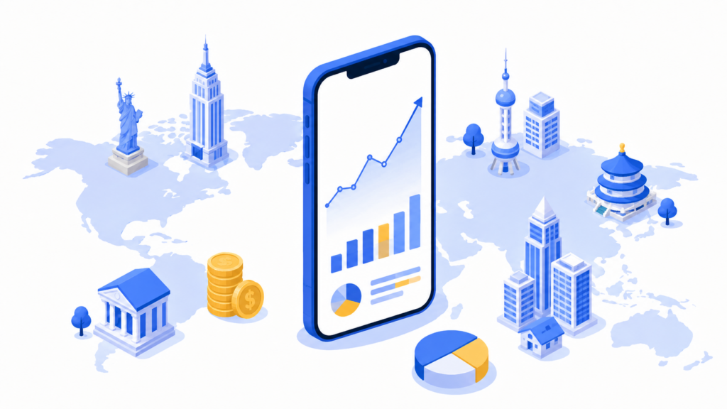 投資信託・インデックスファンドのイメージ(グラフとスマホ画面)