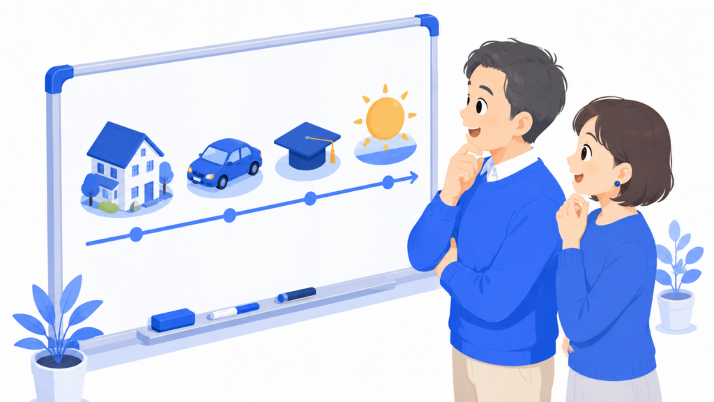 40代のライフプランをボードに書いている夫婦のイメージ