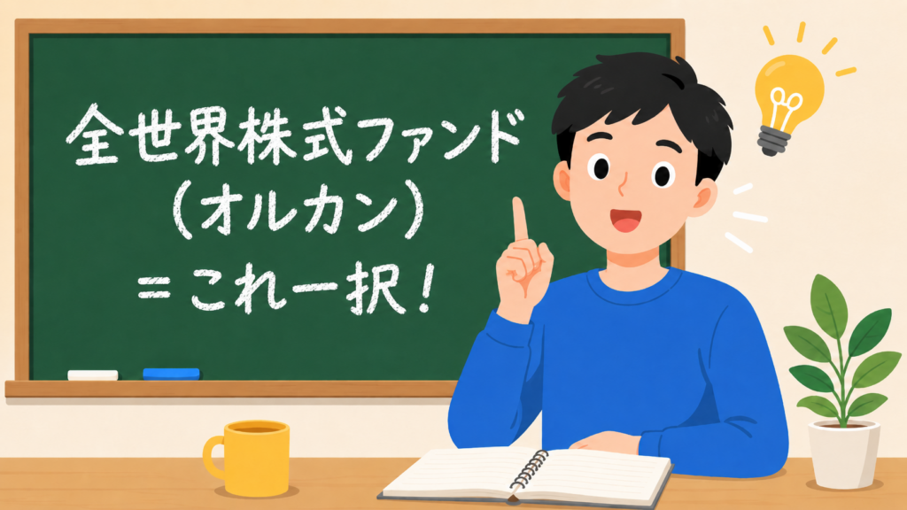 「オルカン一択」と書かれた黒板の前で初心者投資家がイラスト