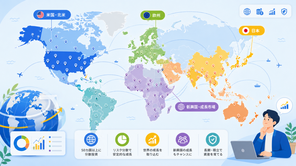 世界地図に投資先の国々がハイライトされた分散投資インフォグラフィック