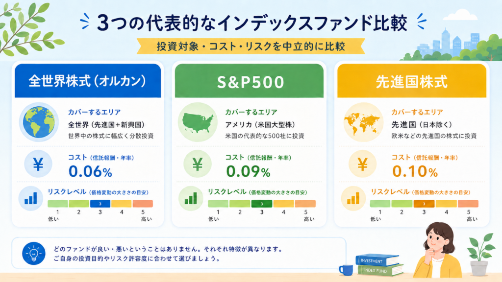 オルカン・S&P500・先進国株の3つのファンドが並んだ比較表