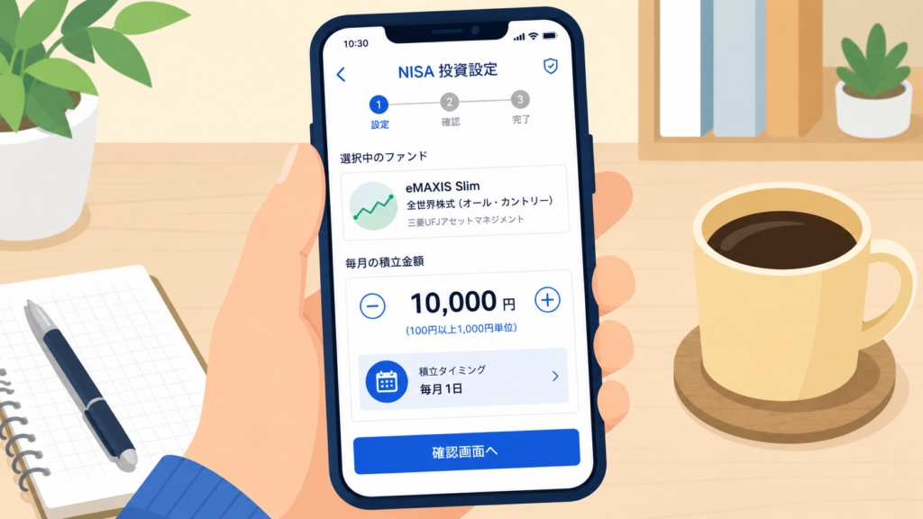 スマートフォンで証券アプリを操作している手元のイラスト