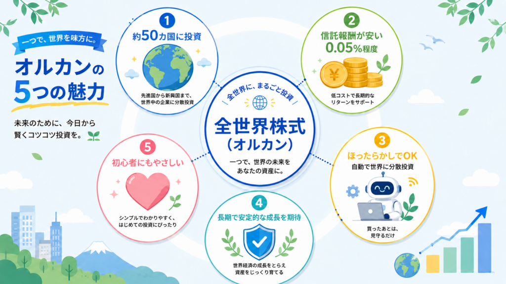 オルカンの5つの魅力をまとめたインフォグラフィック