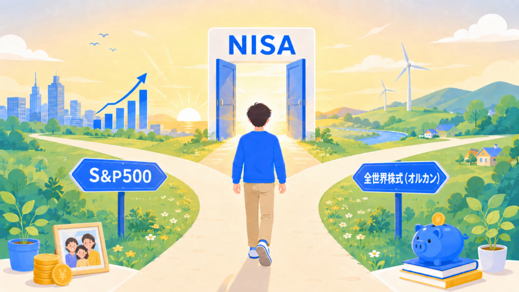 S&P500とオルカンの二択・NISA入り口に向かう後ろ姿イラスト