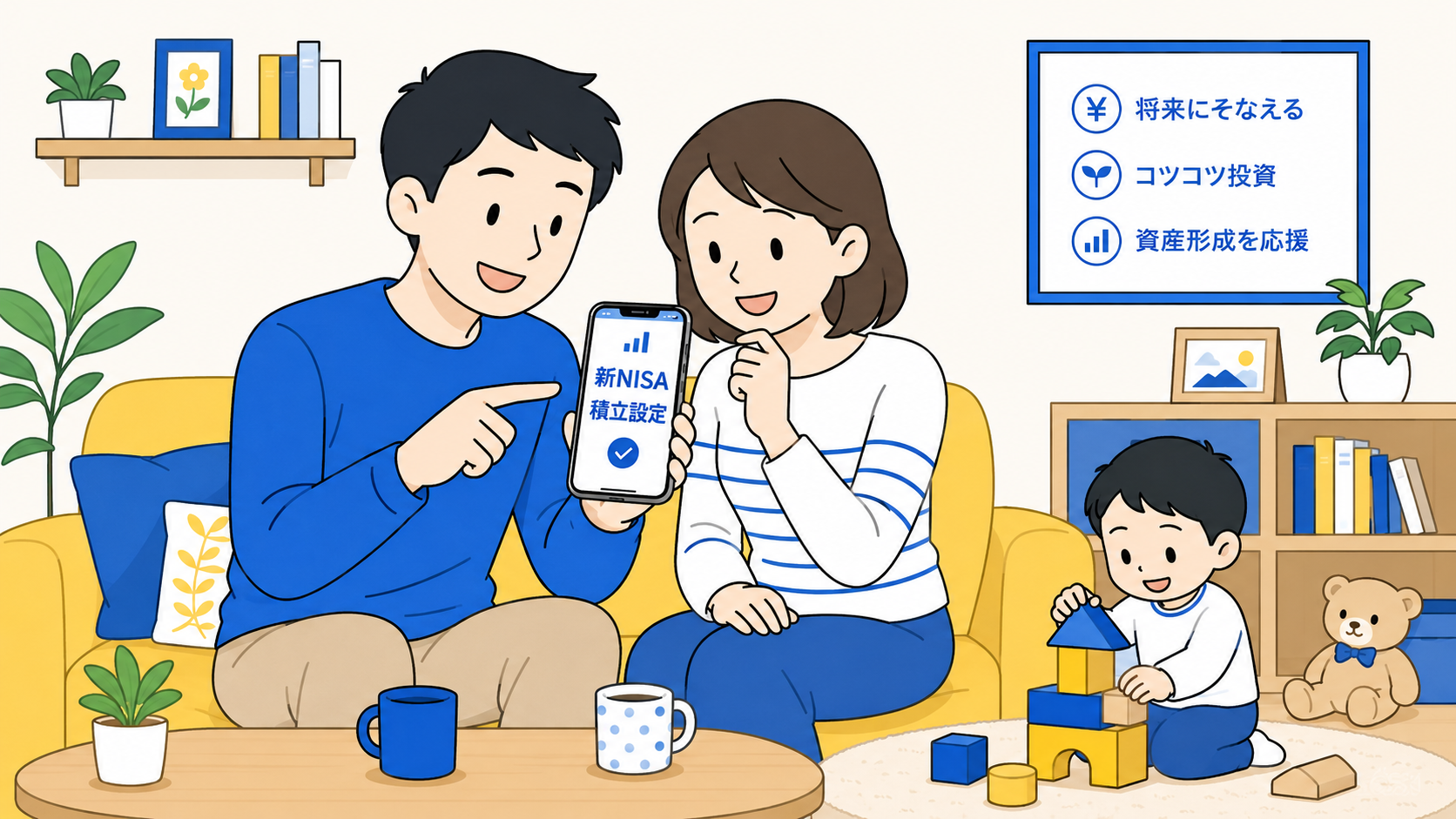 子育て中の30代夫婦がスマホで新NISA積立設定をしているイメージ写真