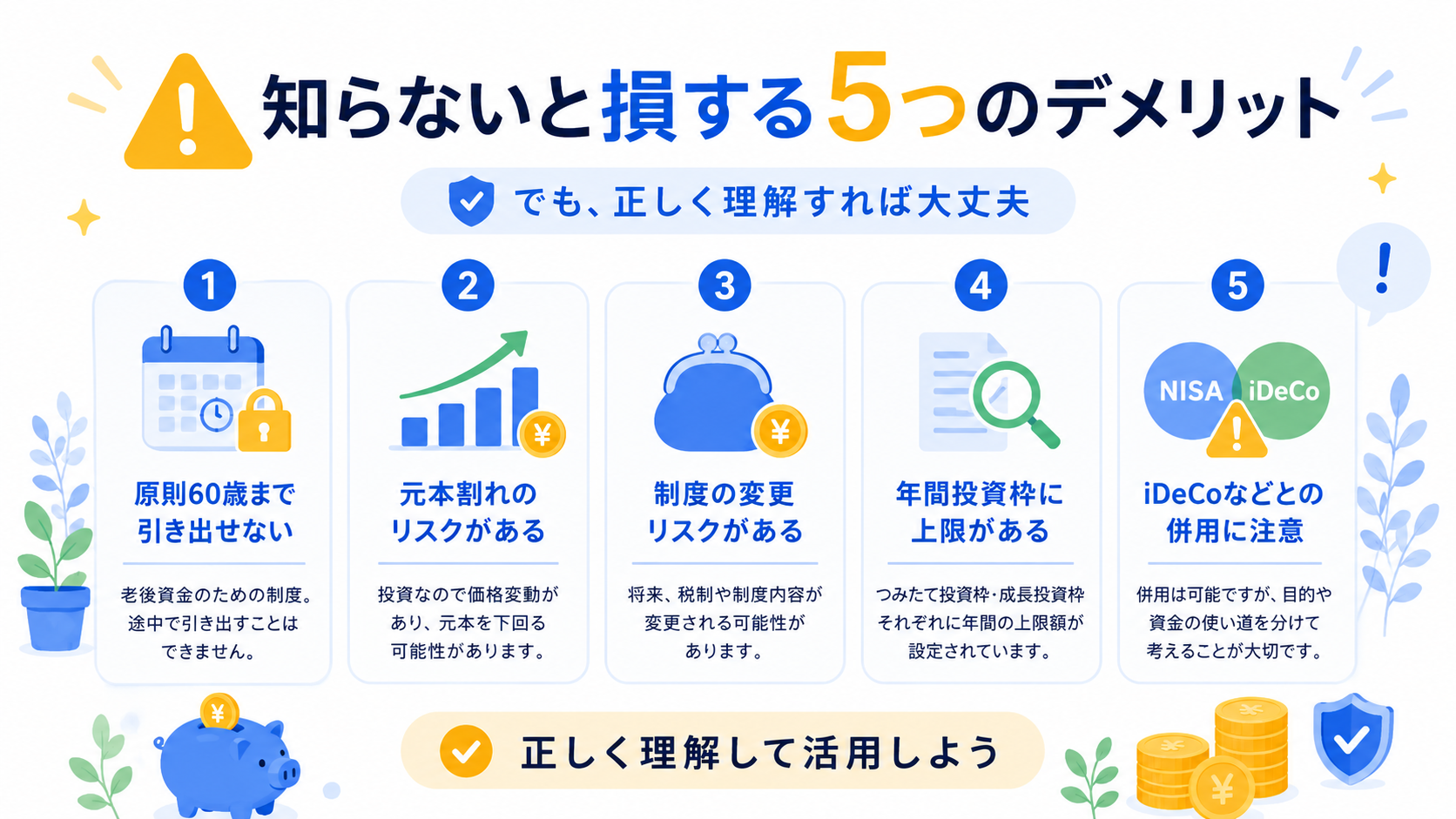 つみたて投資枠のポイントを解説するイラスト。毎月コツコツ積み立てるイメージ、カレンダーとコインのデザイン