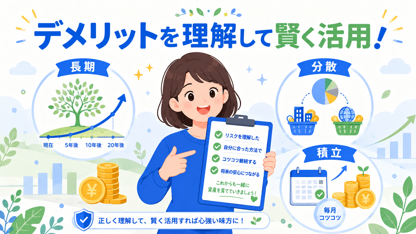 新NISAを賢く使うポイントをまとめたイメージ。チェックリストのイラスト