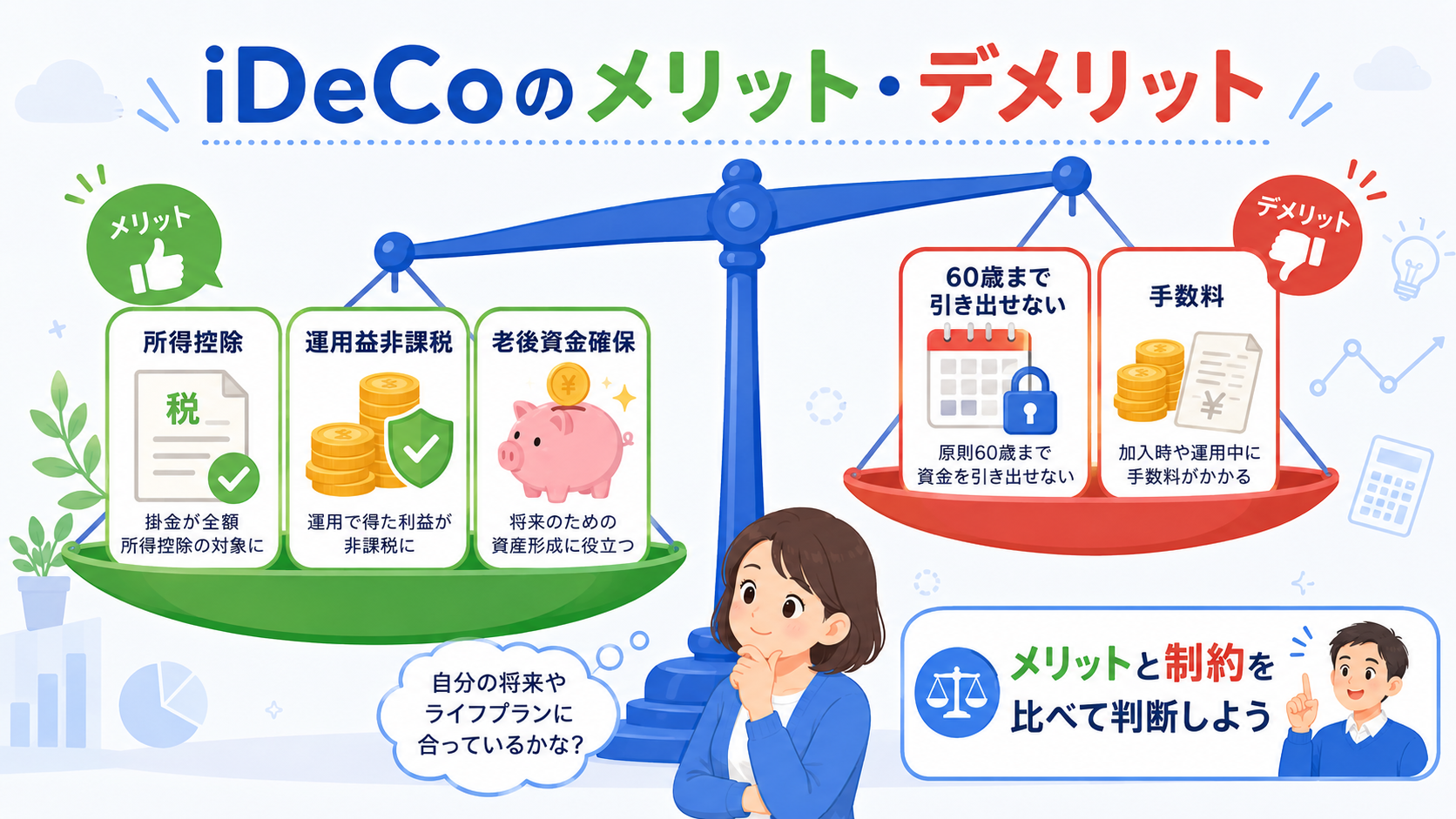 iDeCoのメリット・デメリットを天秤のイメージで表現したイラスト