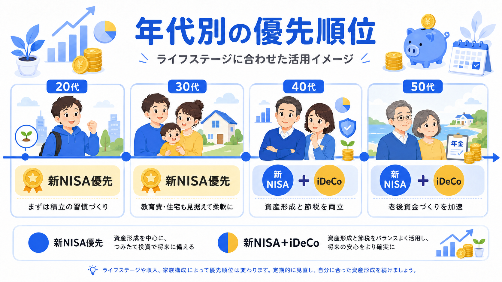 ライフステージごとの優先順位を示す図。年代・状況別にわかりやすく整理されている