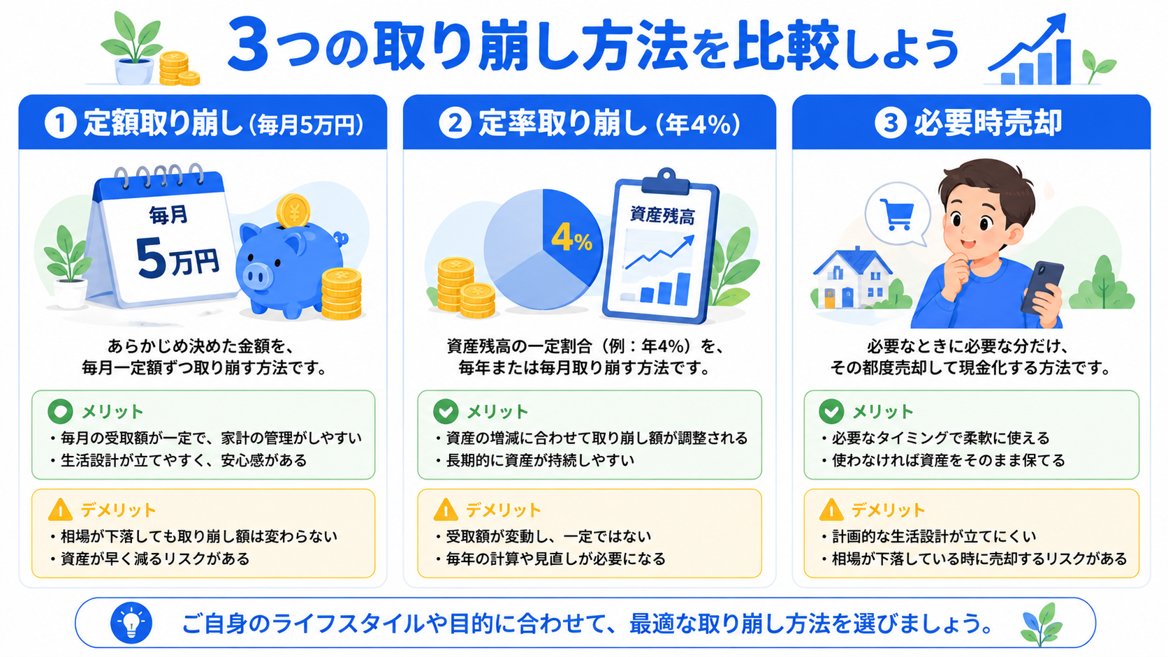 3つの取り崩し方法を比較した図。定額・定率・必要時の3パターンをシンプルに表現