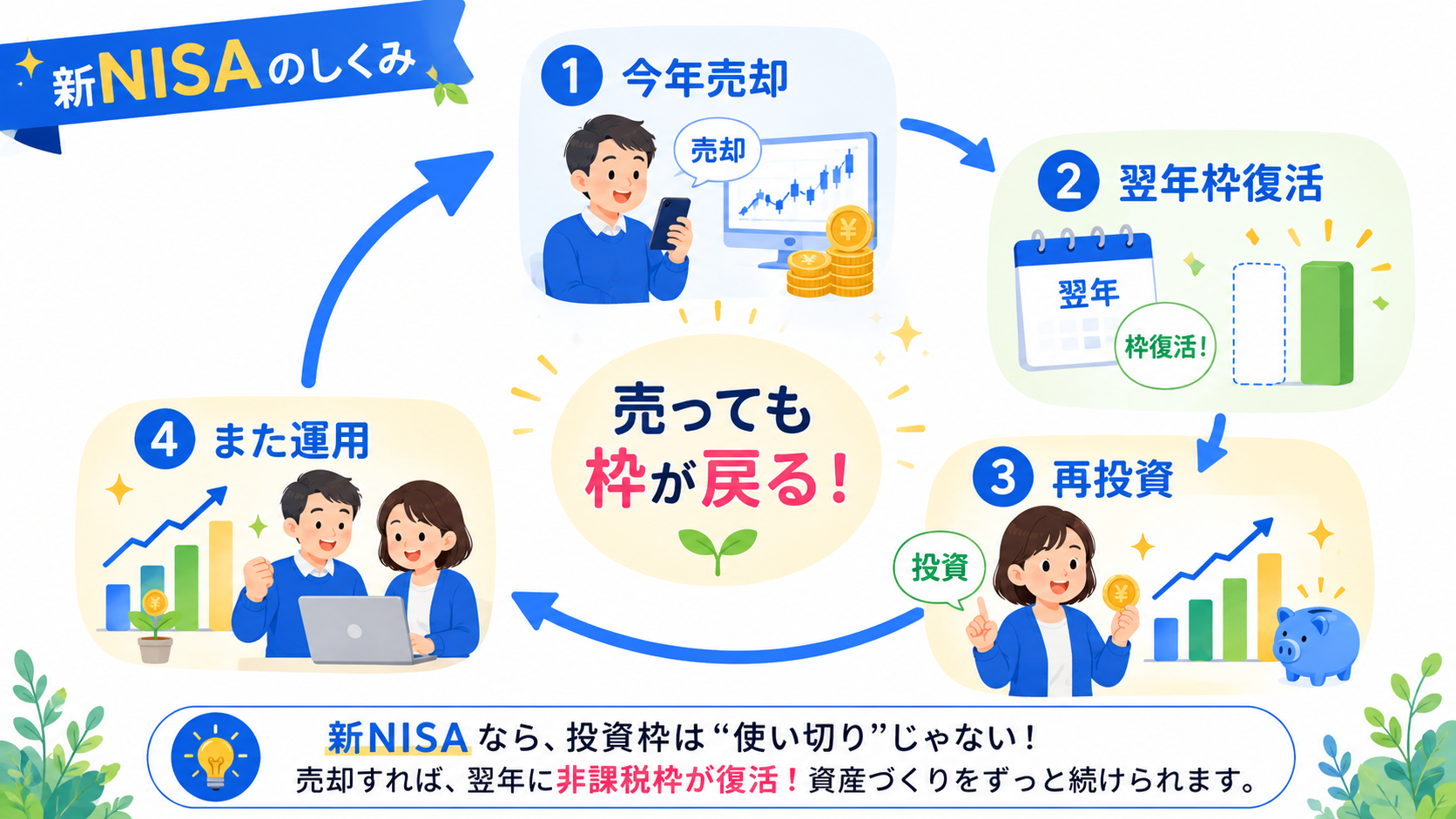 非課税枠の復活イメージ。売却後に翌年に枠が戻ってくる循環図