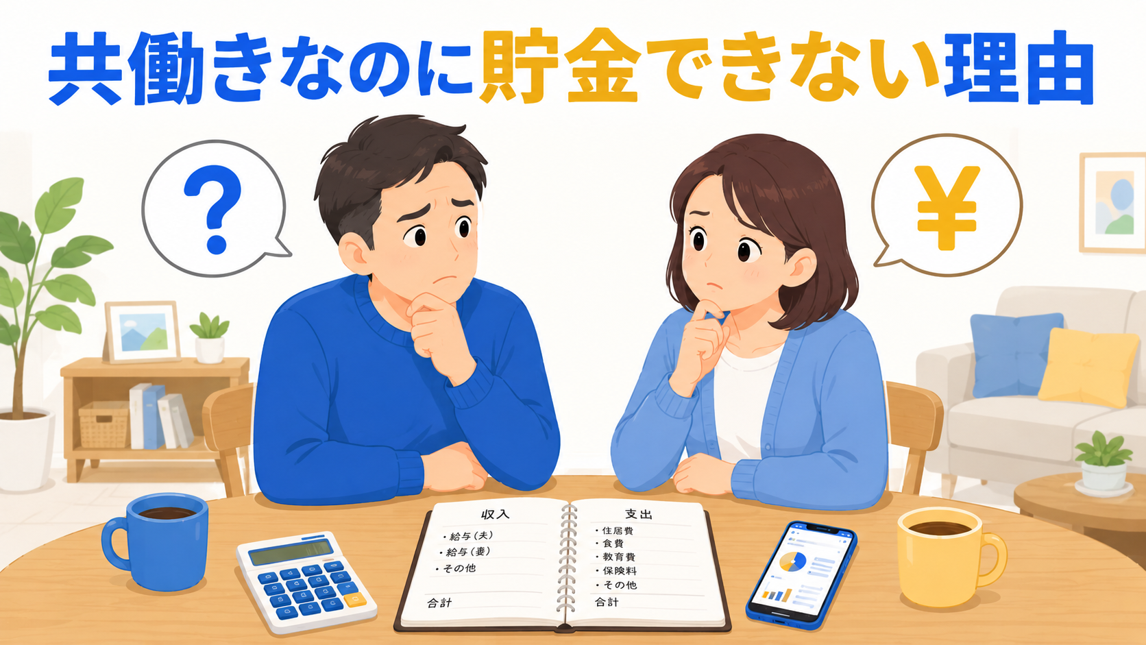 共働き夫婦が家計について悩んでいるシーン