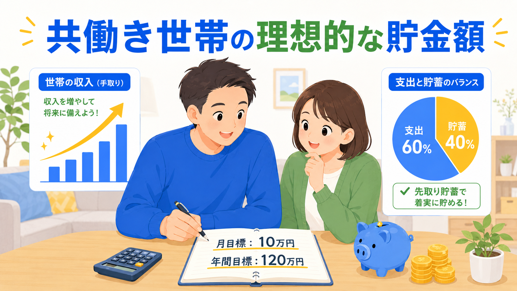 共働き世帯の理想的な貯金額を計算するシーン