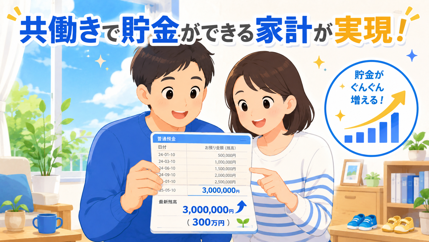 共働きで貯金が増えた夫婦のイメージ