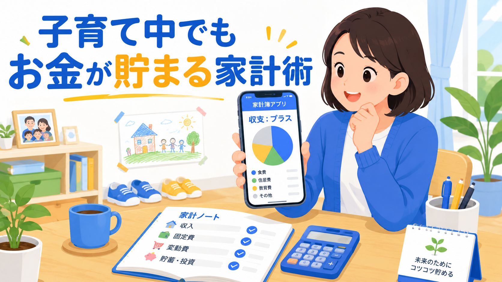 子育て中でも家計管理ができている家族のシーン