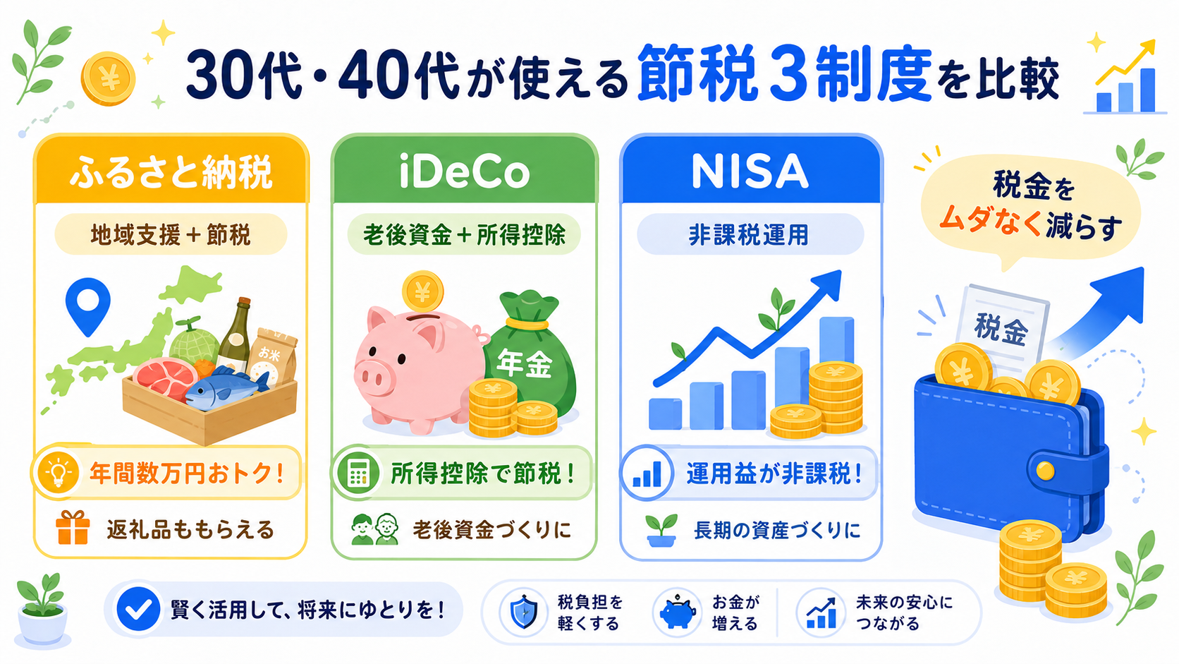 30代・40代が使える節税3制度(ふるさと納税・iDeCo・NISA)