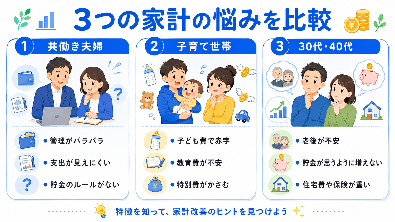 共働き夫婦・子育て世帯・30代40代の3タイプの家計の悩みを比較したイラスト