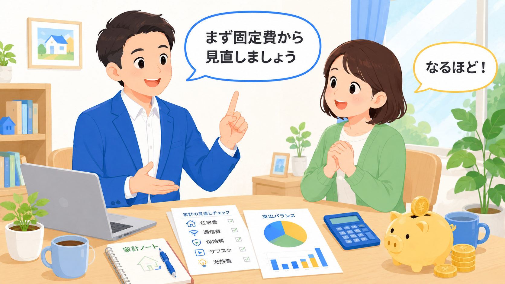 FPが固定費から見直すようアドバイスする場面のイラスト