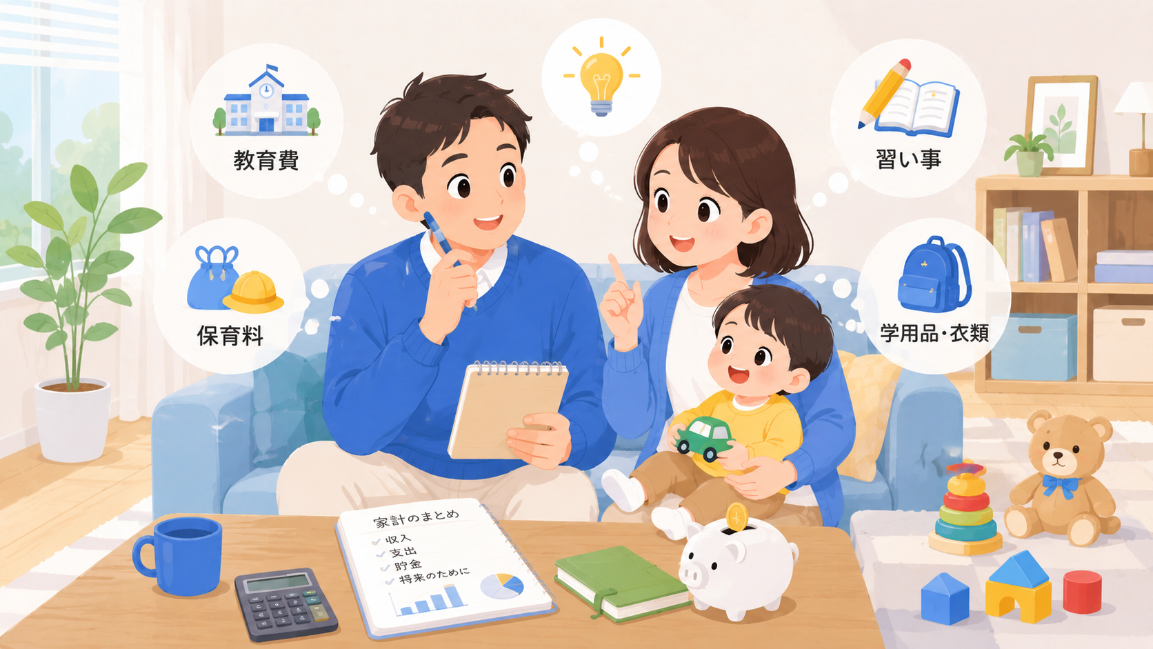 子育て世帯の家族が教育費・保育料・習い事の費用について考えているイラスト