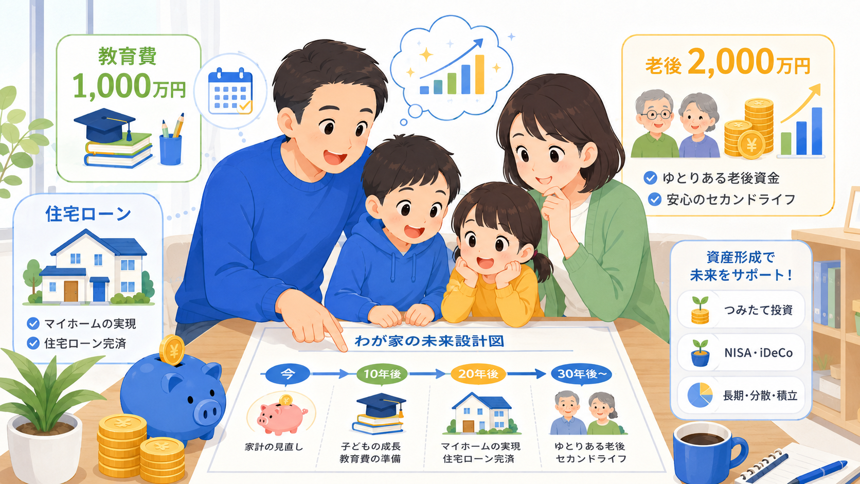 30代40代の家族が教育費・住宅ローン・老後資金の将来設計を立てているイラスト
