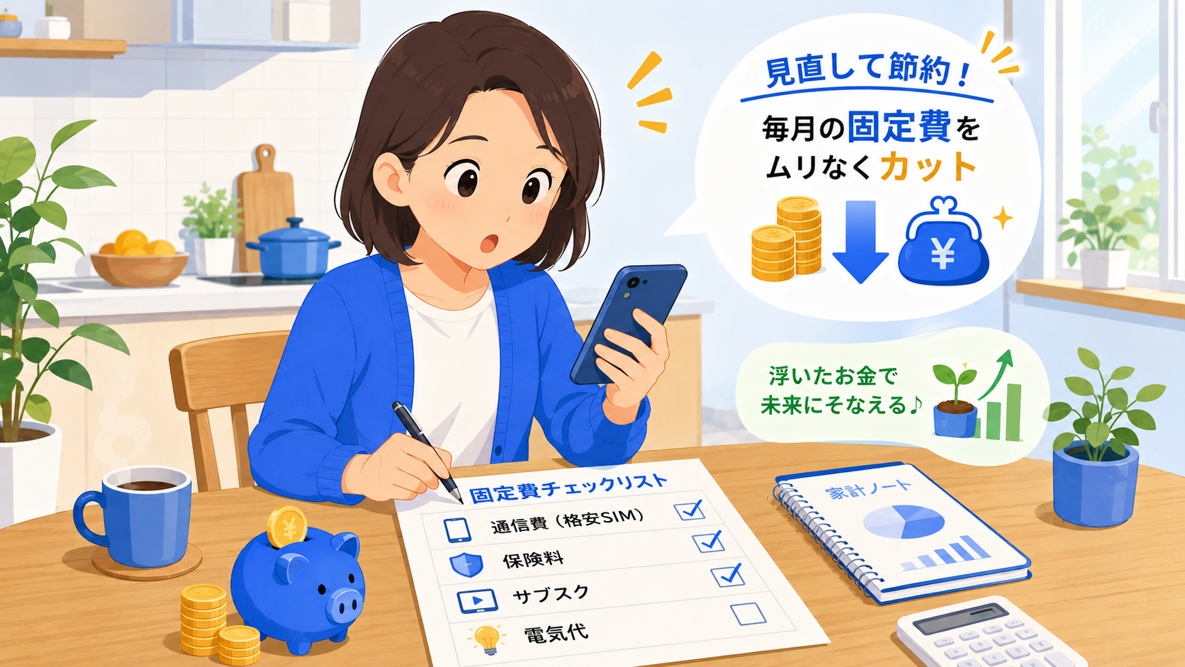 固定費(通信費・保険料・サブスク・電気代)を見直してスマホでチェックする女性のイラスト