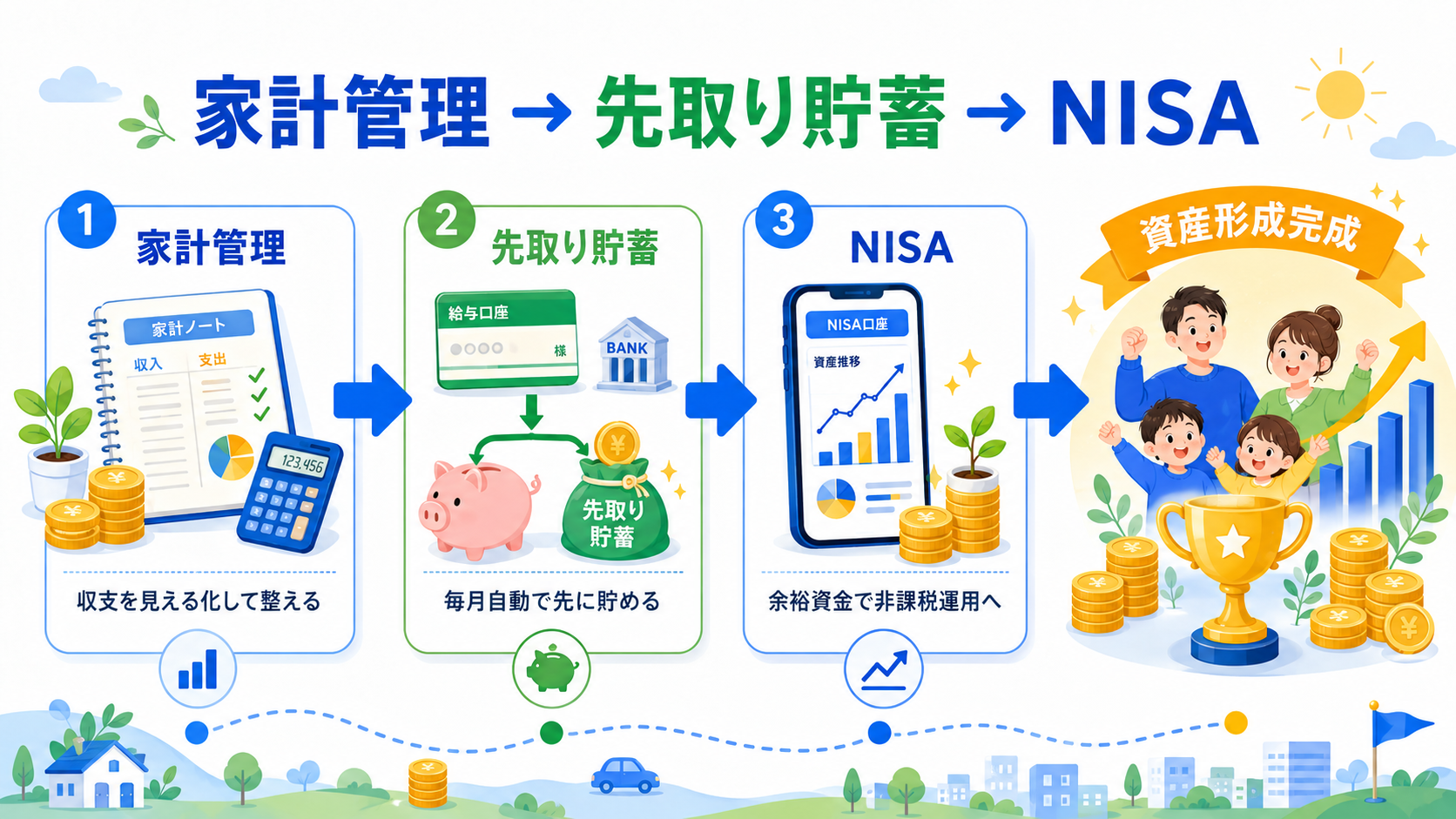 家計管理から先取り貯蓄、新NISAへの資産形成ロードマップを示すイラスト