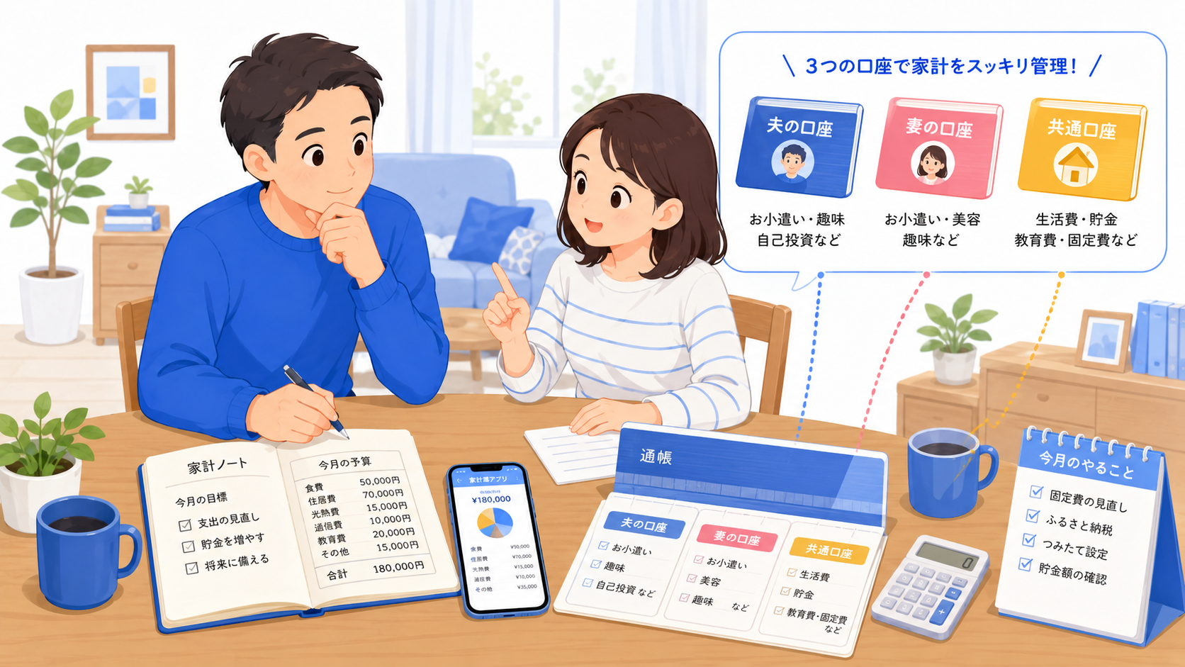 夫婦が3つの口座を使って家計管理を話し合っているイラスト