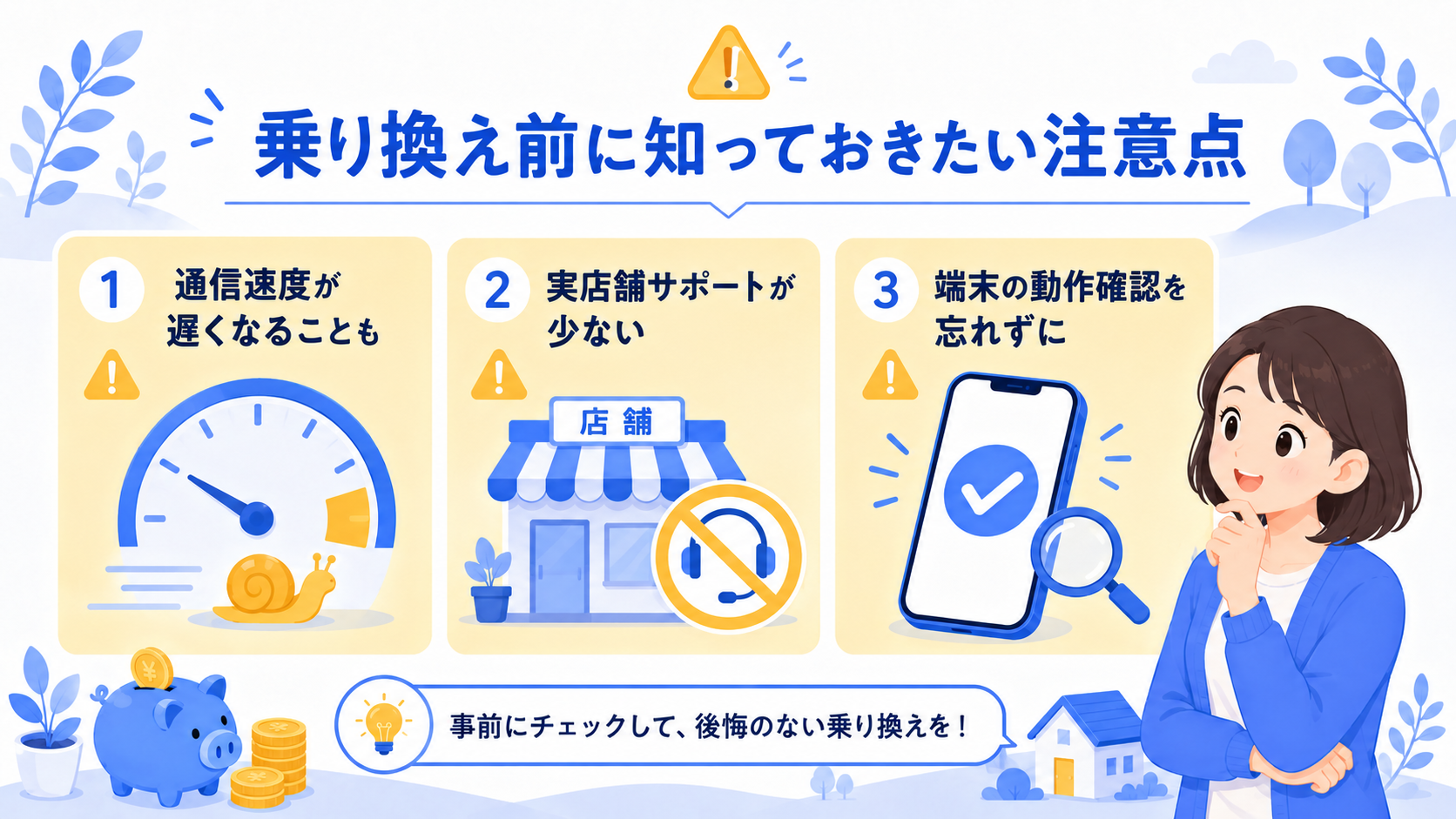 格安SIM乗り換えの注意点を示すイラスト