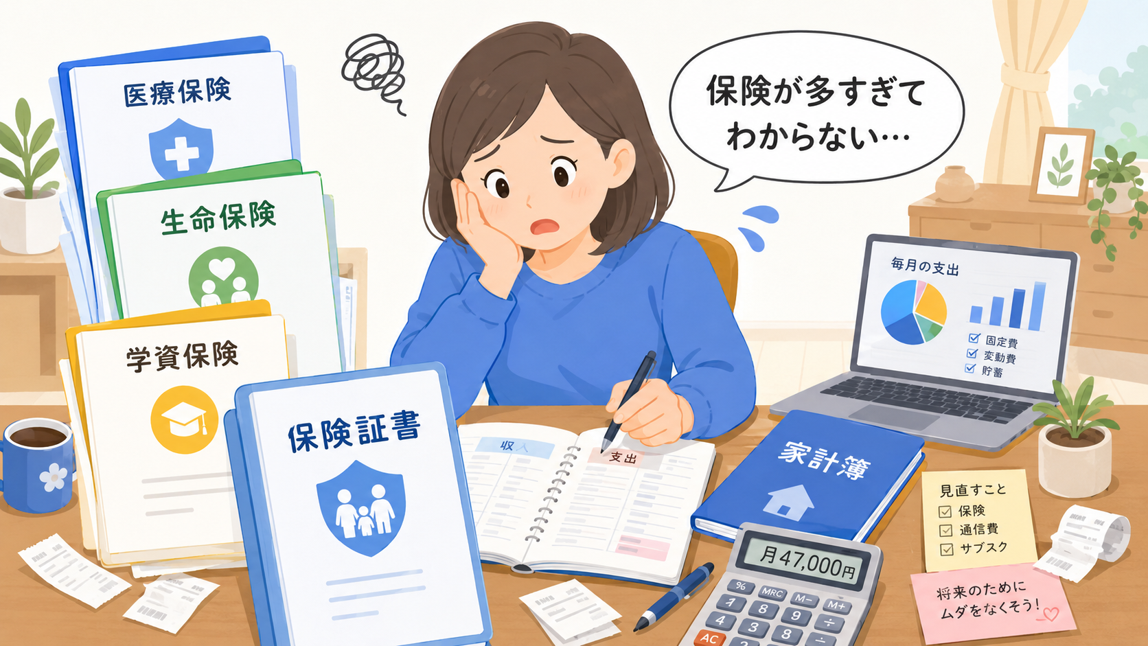 保険証書に囲まれて困った主婦のイメージ