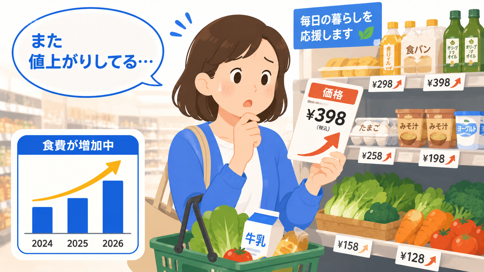 物価高でスーパーの値段に驚く主婦のイメージ