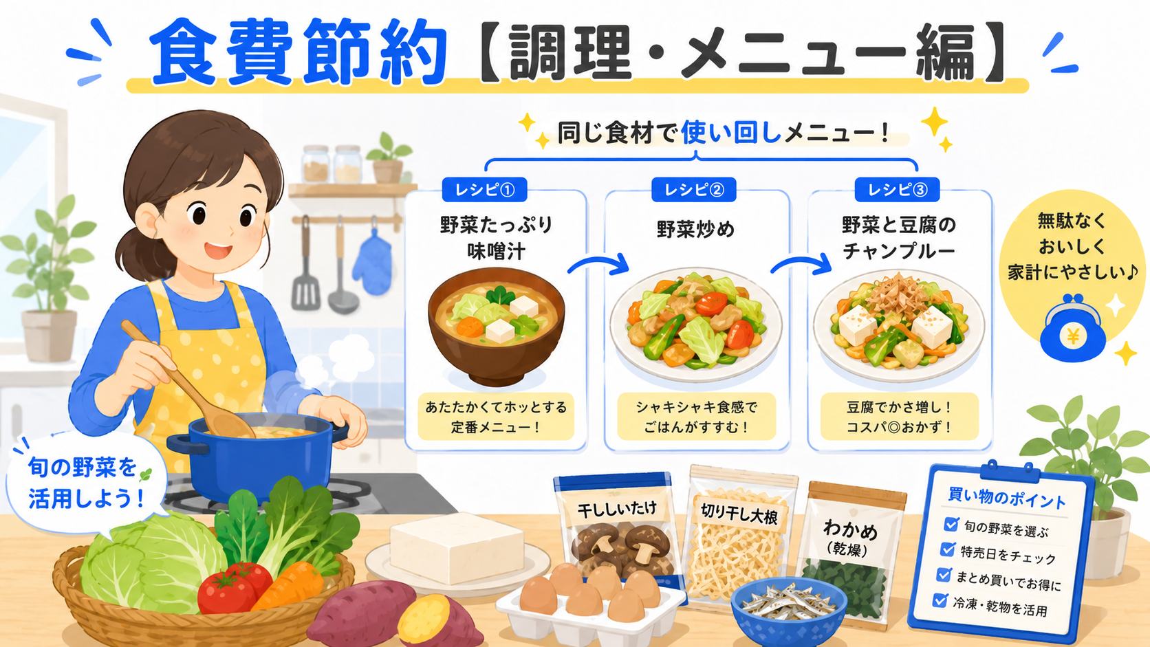 食費節約調理メニュー編・食材使い回しのイメージ