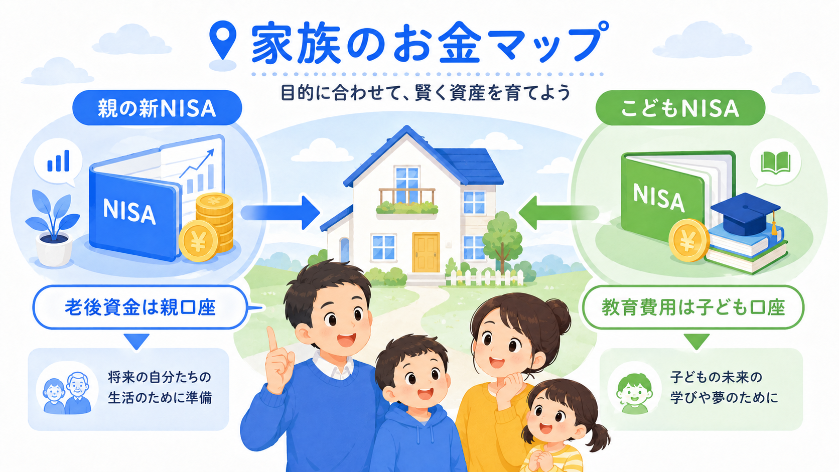 親の新NISAとこどもNISAを目的別に使い分けるイメージの家計図