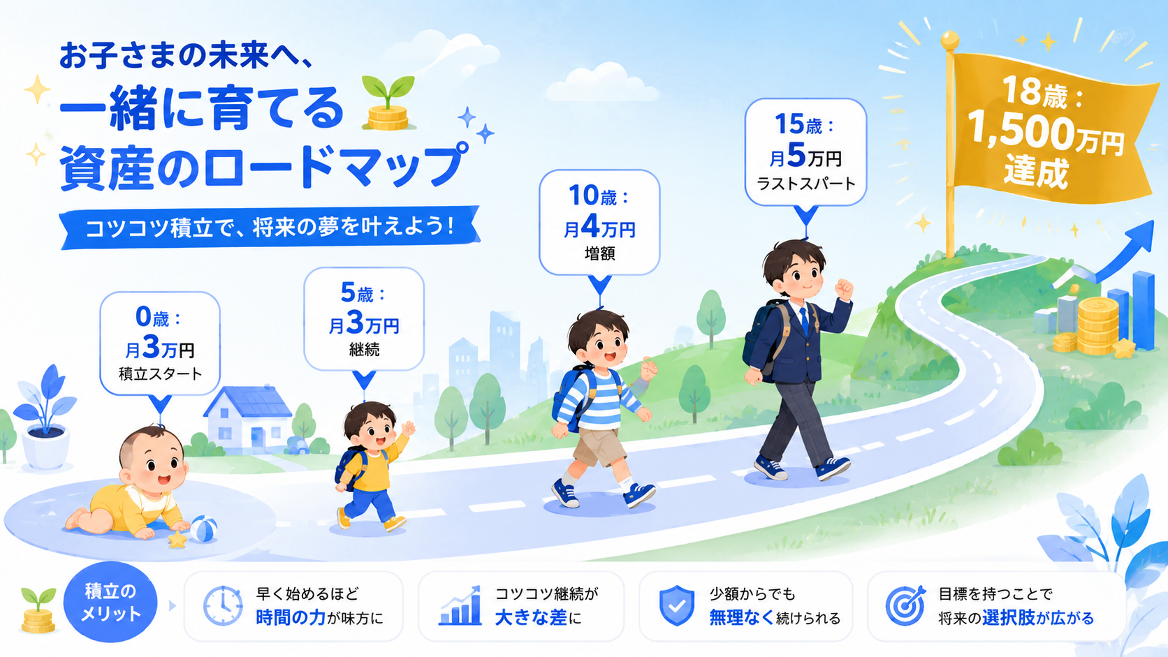 0歳から18歳まで年齢別の積立プランをロードマップで図解