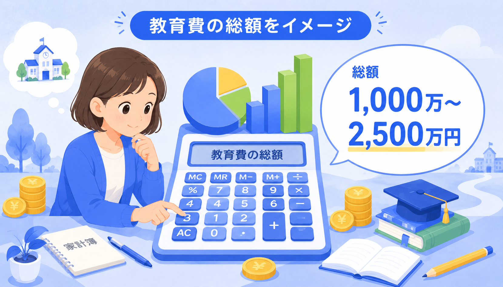 教育費の総額をイメージするグラフと電卓の写真