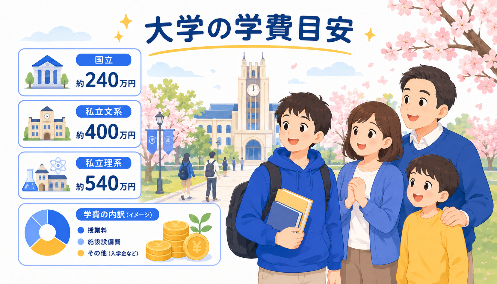 大学のキャンパスと学費のイメージ写真