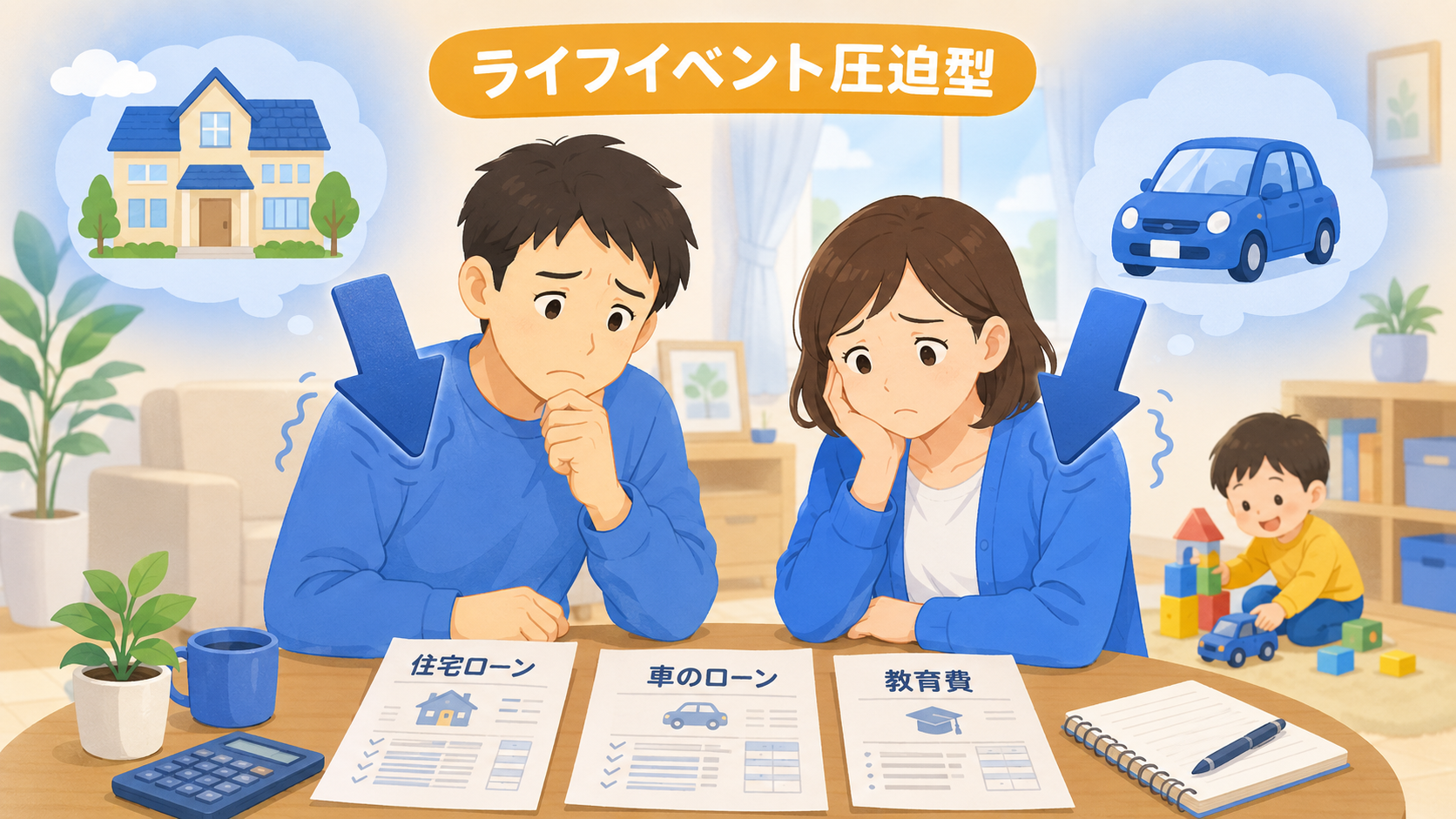 ライフイベント圧迫型で住宅ローンに悩む家族のイメージ