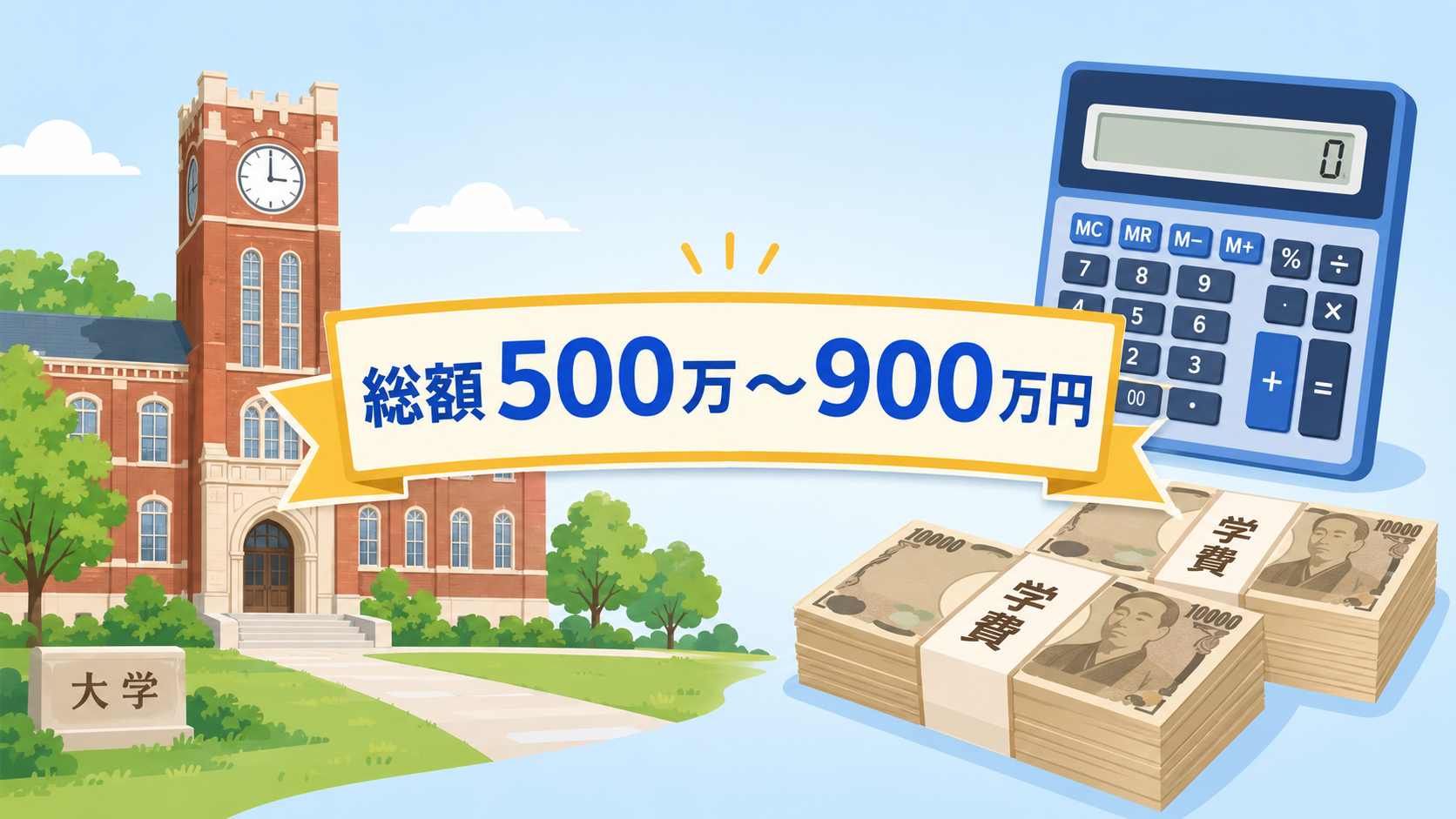 大学のキャンパスと学費の電卓イメージ