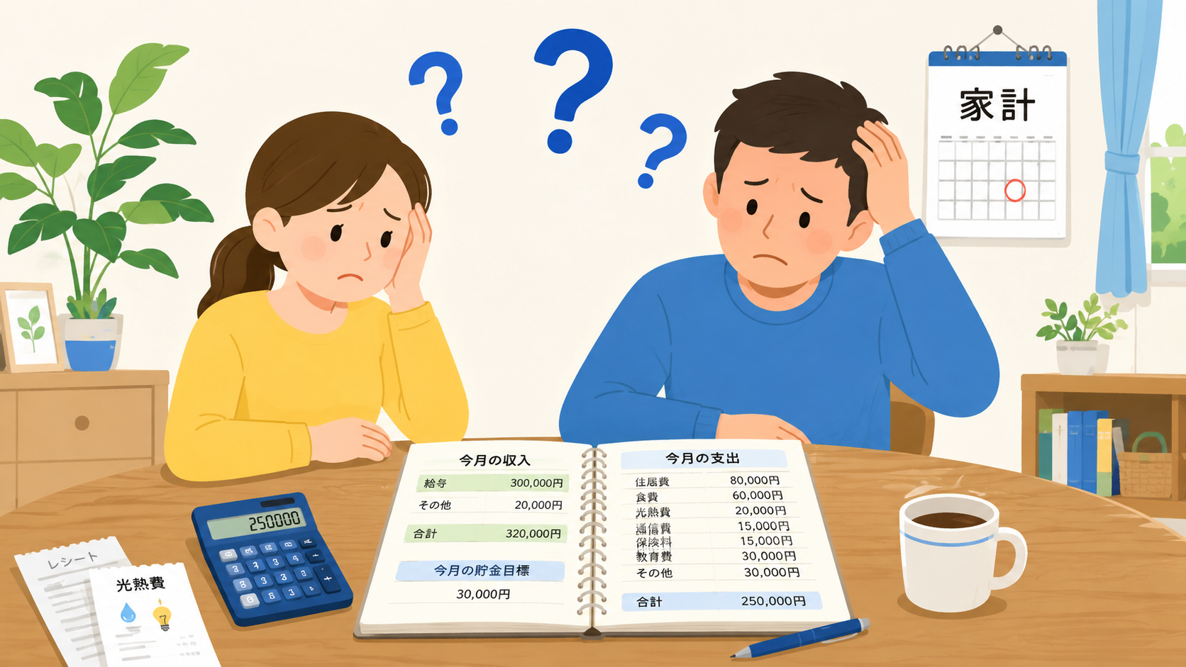 家計簿と悩むパパママのイメージ