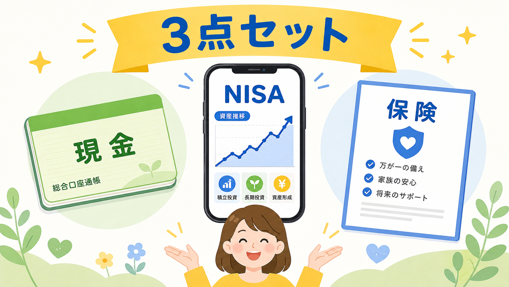 預金通帳・新NISA・保険証券のイメージ