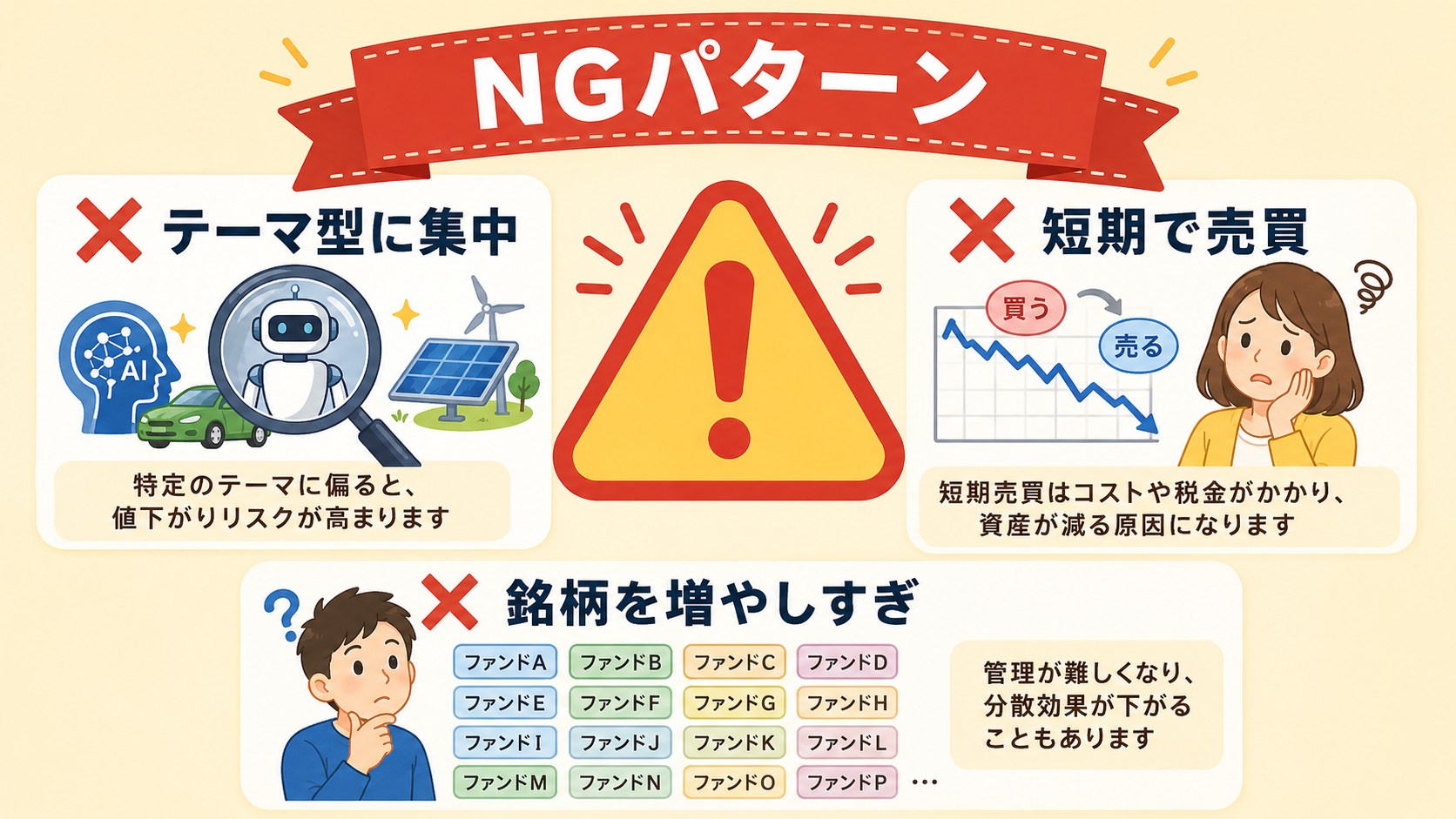 NGパターンを示す注意マーク付きイラスト