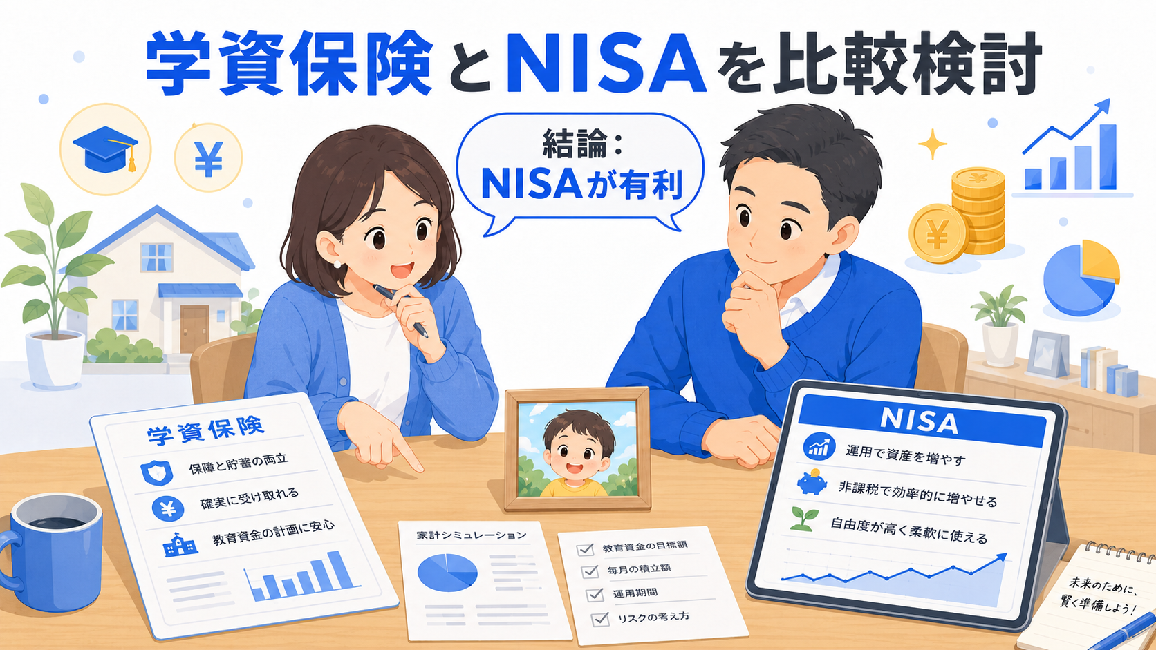 学資保険とNISAを比較検討している若い夫婦のイラスト