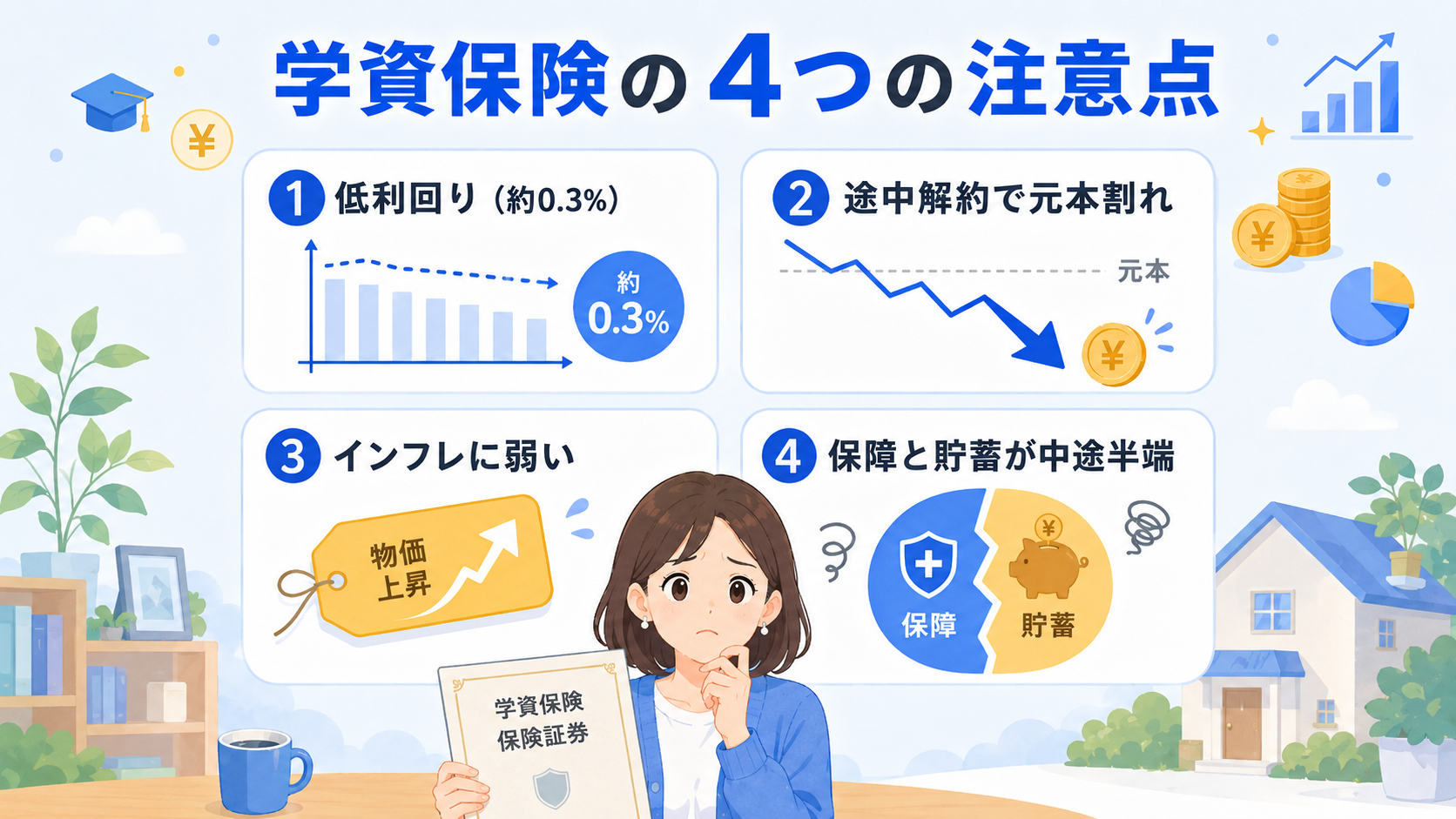 学資保険の仕組みと注意点を解説するインフォグラフィック