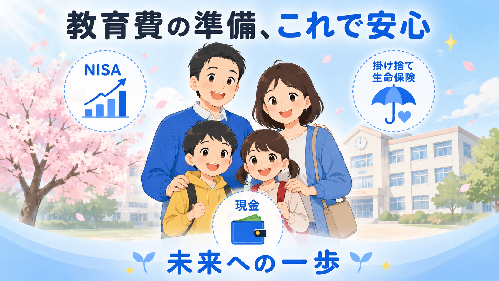 まとめのイメージ、教育費準備の方針を考える親子のイラスト