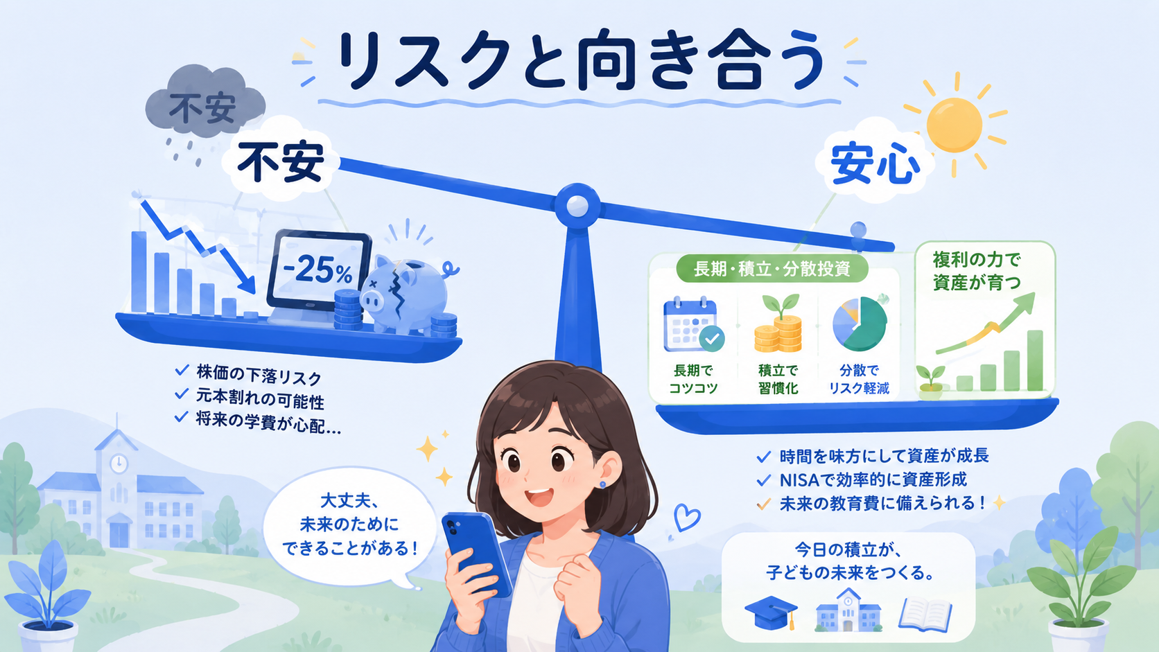 教育費を投資で準備することへの不安と安心要素を示すイラスト