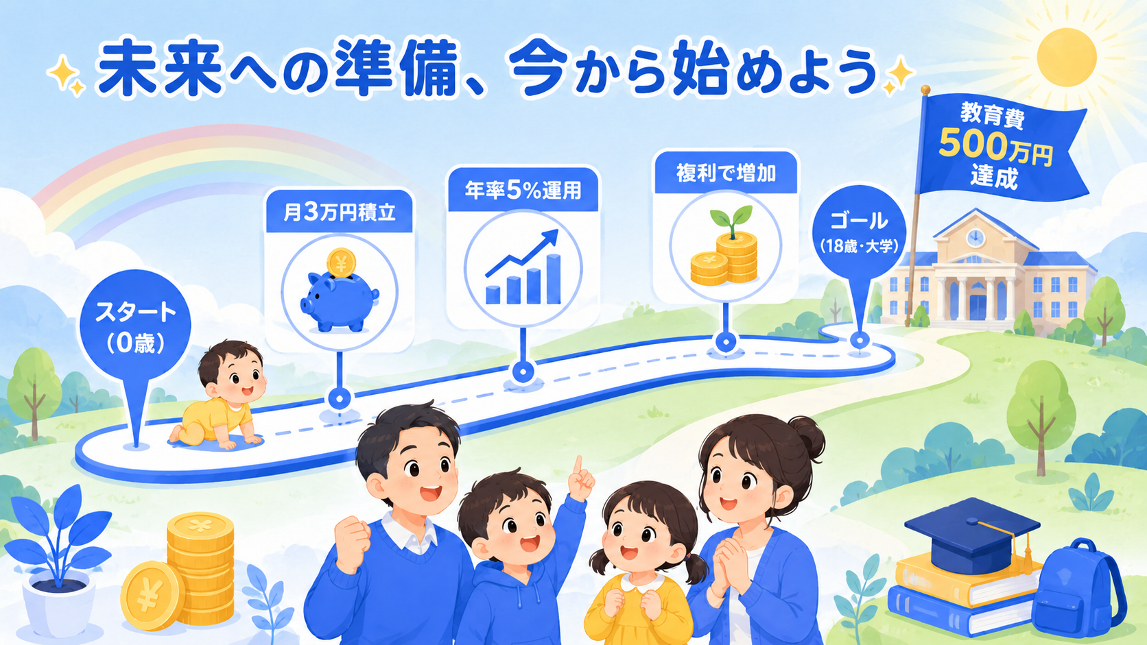 教育費をNISAで準備する流れをまとめたイメージ図