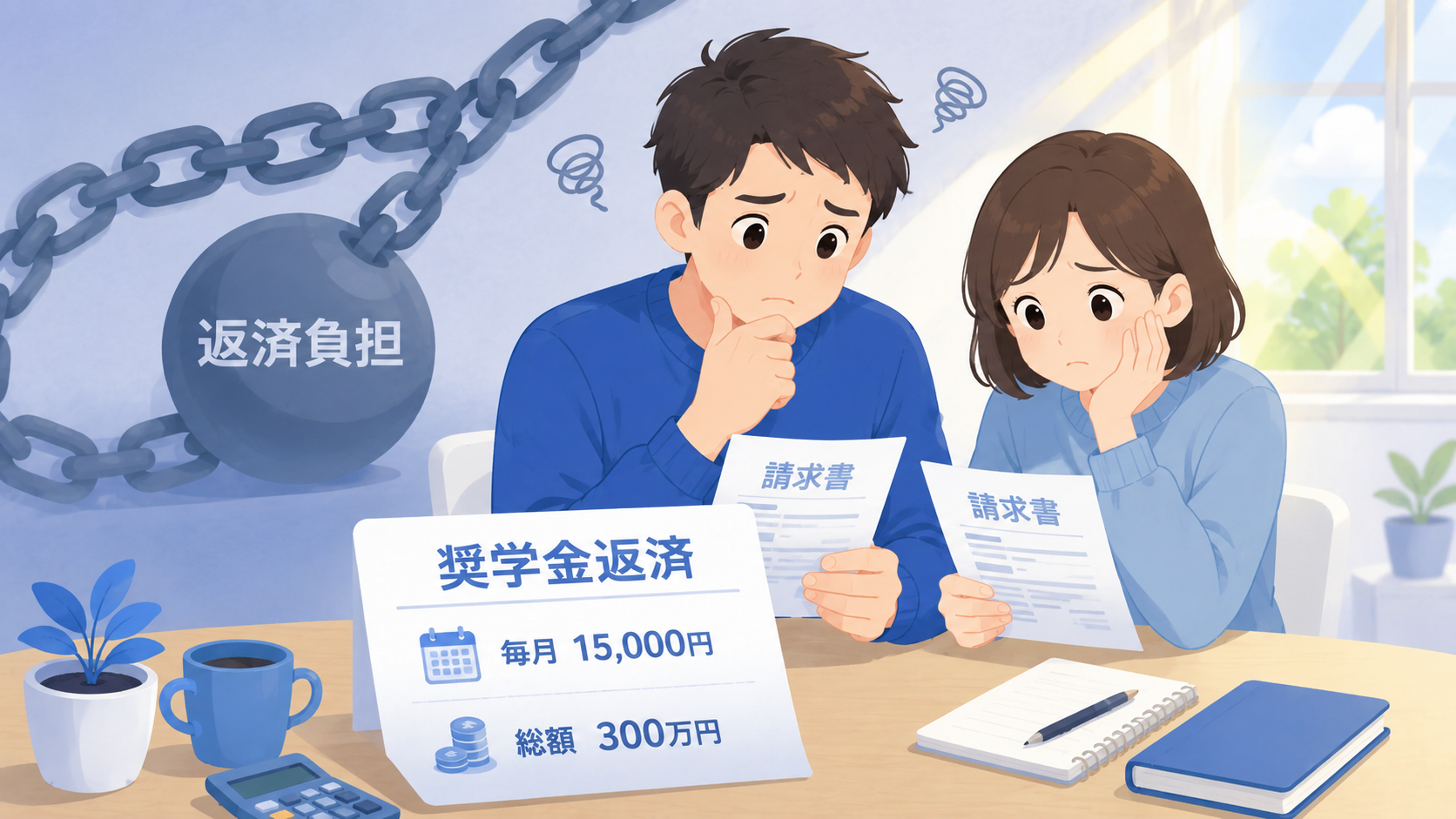 奨学金の返済負担をイメージした若い社会人の悩みのイラスト