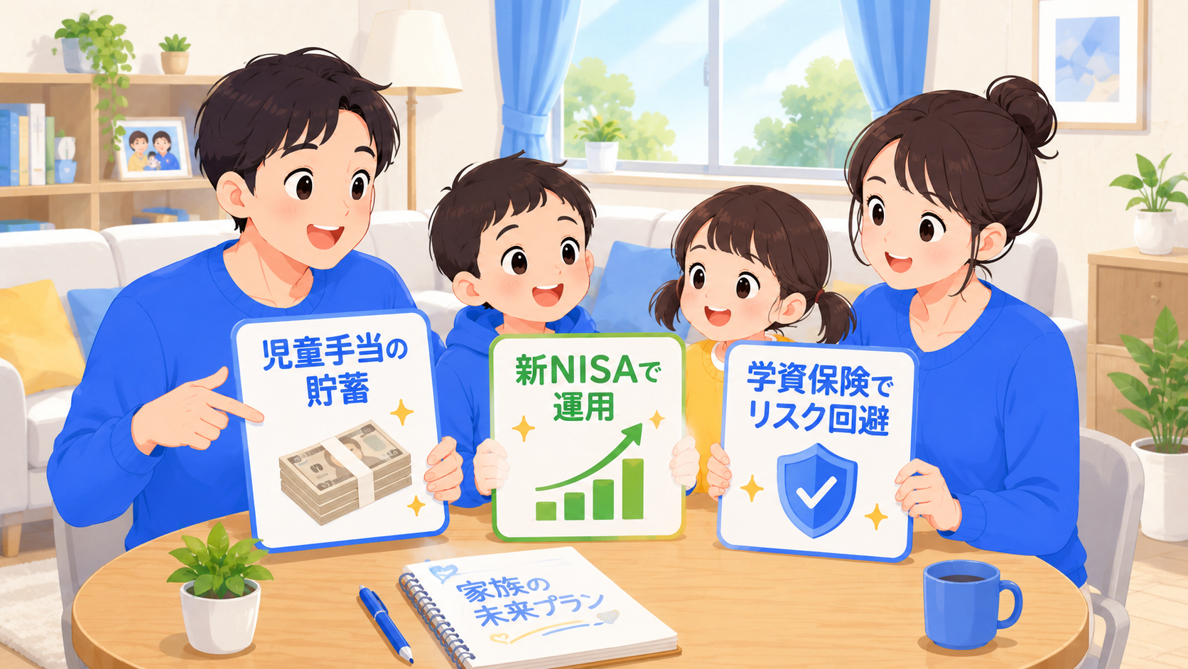 教育費準備の3点セットを表す家族のイラスト